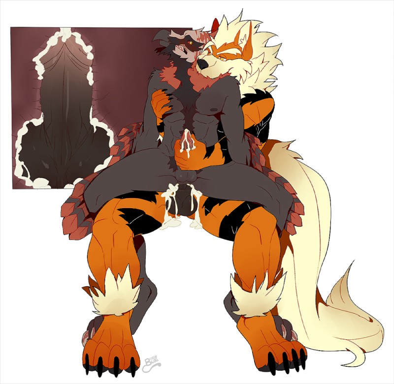 anthro balls bite bodily_fluids cum cum_in_ass cum_inside duo front_view genital_fluids genitals male male/male orgasm penis pokemorph sex shoulder_bite simple_background chatonbleu nintendo pokemon arcanine canid canine generation_1_pokemon mammal pokemon_(species)