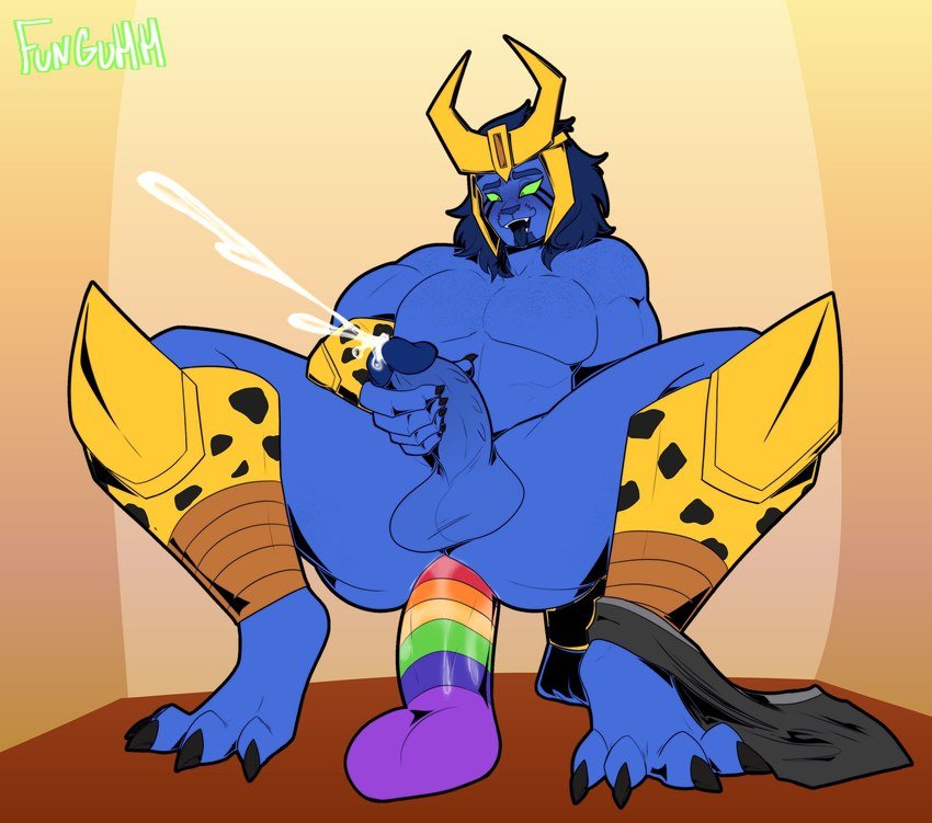 anal anal_penetration anthro armor armor_plates athletic athletic_male balls black_nails blush bodily_fluids butt claws clothed clothing clothing_around_one_leg colored_nails crouching cum cute_fangs dildo dildo_in_ass dildo_insertion ejaculation facial_markings fangs freckled_face freckles genital_fluids genitals green_eyes head_markings headgear helmet holding_penis horn horned_helmet male markings masturbation nails object_in_ass partially_clothed pecs penetration penis rainbow_dildo riding_dildo sex_toy sex_toy_in_ass sex_toy_insertion solo spiked_penis spikes spikes_(anatomy) spots spotted_body teeth thick_thighs tongue tongue_out underwear underwear_around_one_leg underwear_down funguhh hasbro takara_tomy transformers transformers:_beast_wars cheetor alien cheetah felid feline mammal absurd_res hi_res