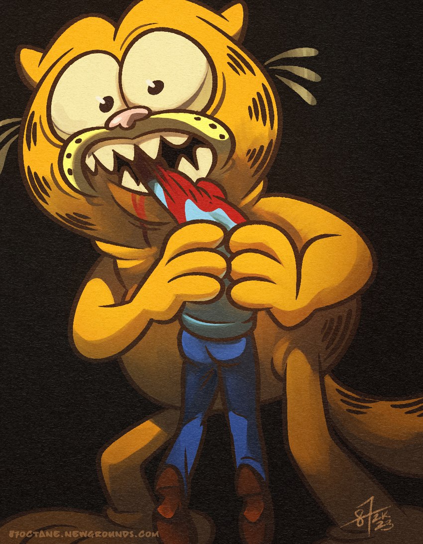 anthro biped black_background blood bodily_fluids bottomwear clothed clothing duo eating fingers gore headless larger_anthro looking_at_viewer male pants sharp_teeth simple_background size_difference smaller_human tail teeth 87octane garfield_(series) saturn_devouring_his_son garfield_the_cat jon_arbuckle domestic_cat felid feline felis human mammal hi_res inspired_by_formal_art signature