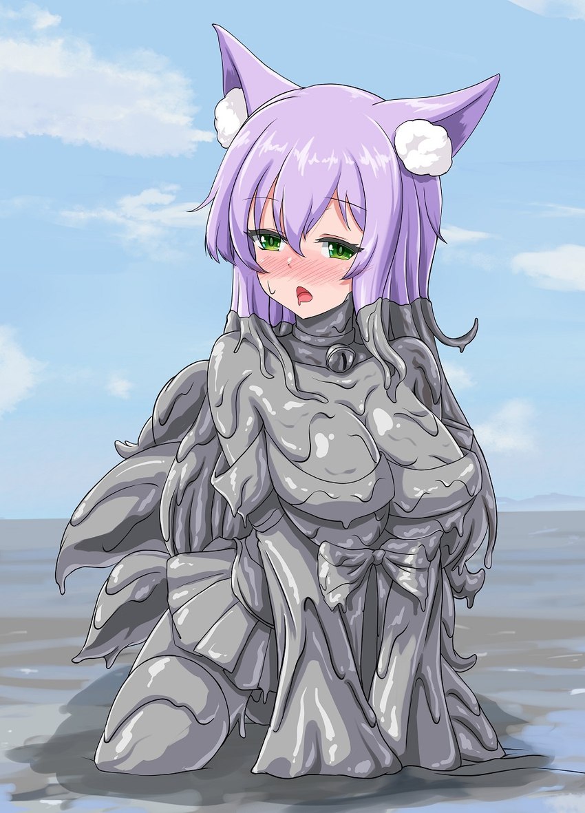bell bell_collar big_breasts blush bottomwear breasts clothing collar collarbone eyebrow_through_hair eyebrows eyelashes female green_eyes hair inner_ear_fluff kneeling legwear mud muddy multi_tail open_mouth outside purple_hair skirt solo tail translucent translucent_hair tuft wam messy_illust animal_humanoid canid canid_humanoid canine canine_humanoid fox_humanoid humanoid mammal mammal_humanoid 2024 hi_res