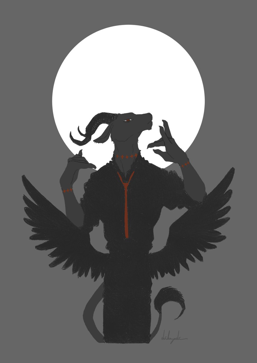 2_horns anthro athletic athletic_anthro athletic_male black_body black_dress_shirt black_feathers black_fur curved_horn feathered_wings feathers fur horn male moon necktie red_eyes red_necktie solo wings shikayoshi sub20211115 bovid caprine caprine_demon demon goat_demon mammal 2022 absurd_res hi_res