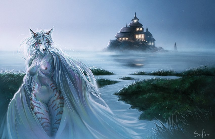 amazing_background anthro areola breasts day detailed_background female fur grass hair nipples nude outside plant sky solo water white_body white_fur white_hair safiru felid mammal pantherine tiger 2021 detailed digital_media_(artwork) hi_res