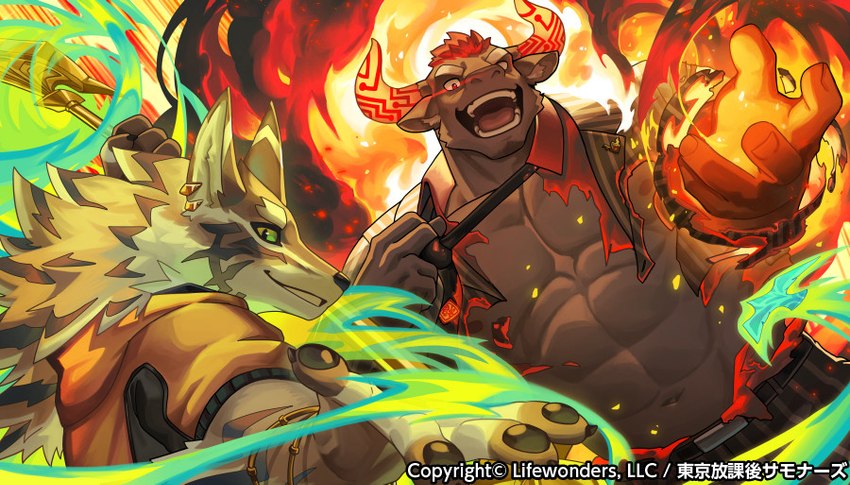 4_fingers anthro brown_body brown_fur burnt_clothing clothing duo fingers fire fur green_eyes hair halberd hoodie horn male mane melee_weapon muscular muscular_male navel pawpads polearm red_hair topwear weapon wind curtis_wuedti lifewonders tokyo_afterschool_summoners gyumao_(tas) seth_(tas) bovid bovine canid canine canis cattle jackal mammal official_art