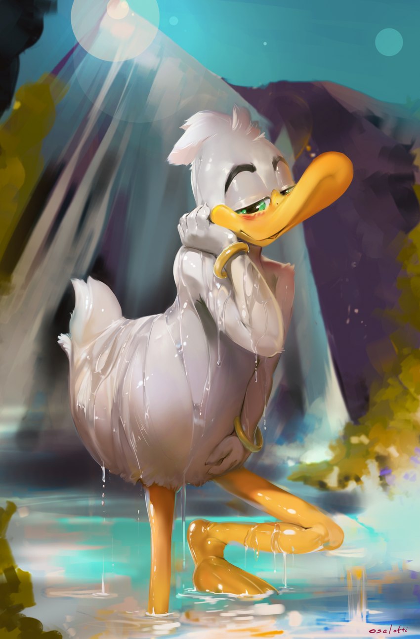 anthro avian_butt beak black_eyebrows eyebrows featureless_crotch glistening glistening_eyes green_eyes head_tuft looking_at_viewer male narrowed_eyes nude solo standing tail tuft waterfall wet wet_body white_body white_tail yellow_beak oselotti quill_wonderfowl anatid anseriform avian bird duck 2023 full-length_portrait hi_res portrait signature