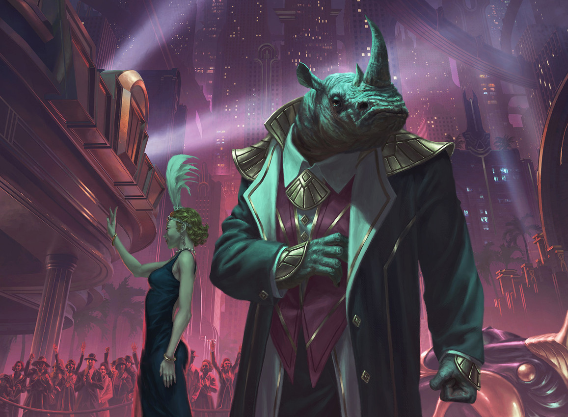 anthro breasts building car cheering city clothing detailed_background dress female green_body green_clothing group hair horn male outside skyscraper smile vehicle lie_setiawan hasbro magic:_the_gathering wizards_of_the_coast human mammal rhinoceros hi_res official_art