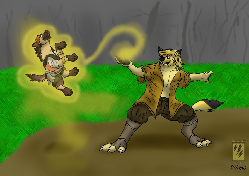 adventure adventurer after_transformation anthro black_nose brown_body brown_fur brown_hair claws duo eye_scar facial_scar fantasy feral feral_transformation fluffy fur hair magic male orange_eyes pawpads paws scar tail tan_body tan_fur toe_claws transformation electuroo_(artist) ra'zim gnoll hybrid hyena mammal 2023 hi_res