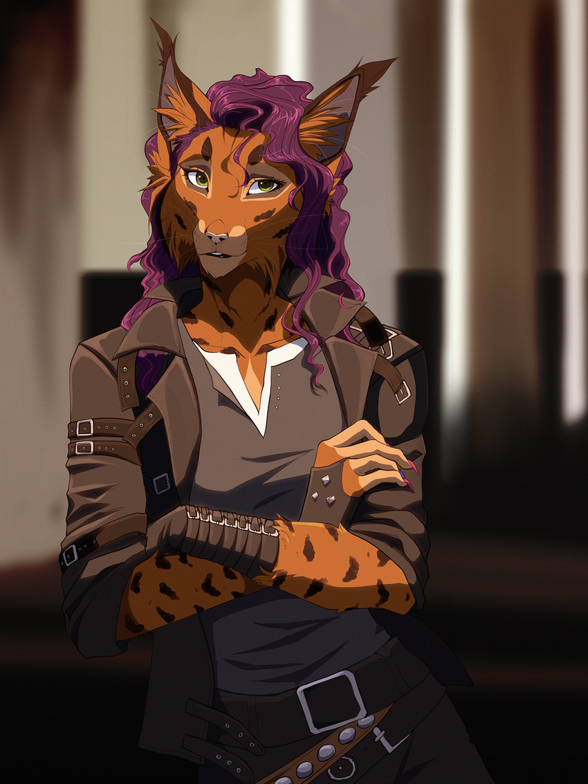 5_fingers anthro breasts brown_body brown_fur clothed clothing eyebrows eyelashes female fingers fur green_eyes hair inner_ear_fluff markings pink_nose purple_hair smile solo spots spotted_body spotted_fur standing tuft lynjox lynxy_jones felid feline lynx mammal 2019 3:4 digital_media_(artwork) hi_res