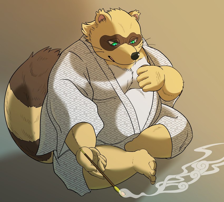 anthro belly black_nose brown_body brown_fur clothed clothing fur green_eyes humanoid_hands kemono male overweight overweight_male simple_background sitting solo white_body white_fur hysk sengoku_puzzle tokugawa_ieyasu canid canine mammal raccoon_dog tanuki 2021 hi_res