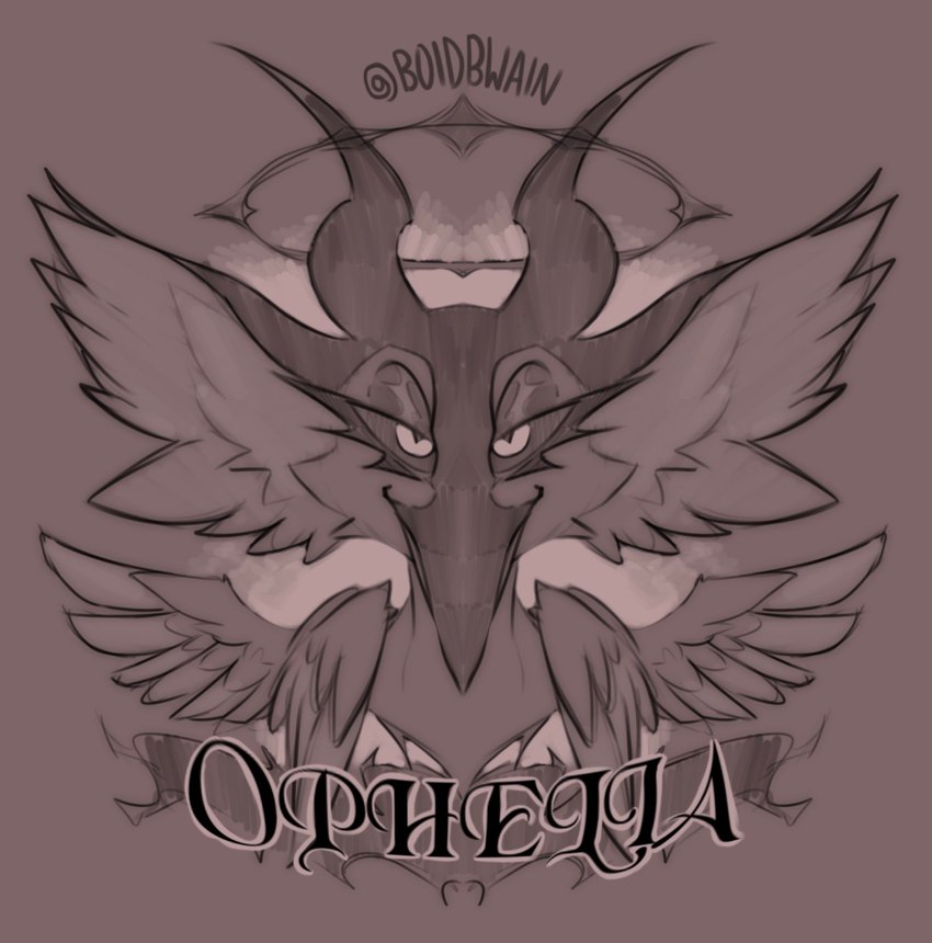 beak feathers halo horn looking_at_viewer solo symmetry text wings boidbwain ophelia_(boidbwain) avian character_badge_(artwork) character_name hi_res monochrome