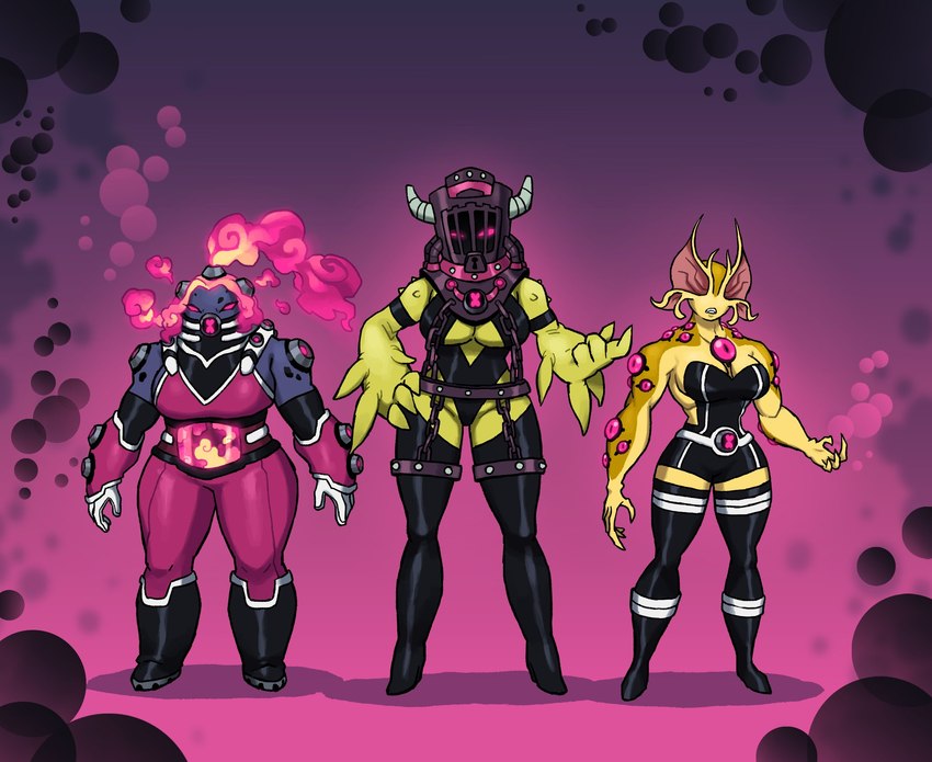 2_horns 4_fingers abstract_background armor armwear bald big_breasts big_ears black_armwear black_body black_bodysuit black_boots black_clothing black_footwear black_helmet black_legwear black_leotard black_skinsuit black_thigh_highs bodysuit boots breast_size_difference breasts cage chain cleavage clothed clothing crossgender curved_horn empty_eyes female female_humanoid fingers footwear front_view fumes gas gauntlets gloves grey_body group handwear headgear helmet high_heeled_boots high_heels horn legwear leotard lock medium_breasts mtf_crossgender multi_eye multicolored_body multicolored_boots multicolored_clothing multicolored_footwear multicolored_legwear multicolored_thigh_highs not_furry open_mouth palms pink_armor pink_background pink_bodysuit pink_clothing pink_eyes pink_inner_ear pink_pseudo_hair pink_skinsuit pseudo_hair pupils shadow shoes simple_background skinsuit slit_pupils teeth thick_calves thick_leg thick_thighs thigh_boots thigh_highs tight_clothing trio two_tone_body two_tone_boots two_tone_clothing two_tone_footwear two_tone_legwear two_tone_thigh_highs under_boob warts white_boots white_clothing white_footwear white_gloves white_handwear white_horn white_legwear white_thigh_highs wide_hips yellow_body yellow_ears yellow_skin eltefo23 ben_10 cartoon_network chaquetrix eye_guy gutrot toepick_(ben_10) alien alien_humanoid horned_humanoid humanoid opticoid unknown_species 2024 hi_res spanish_description