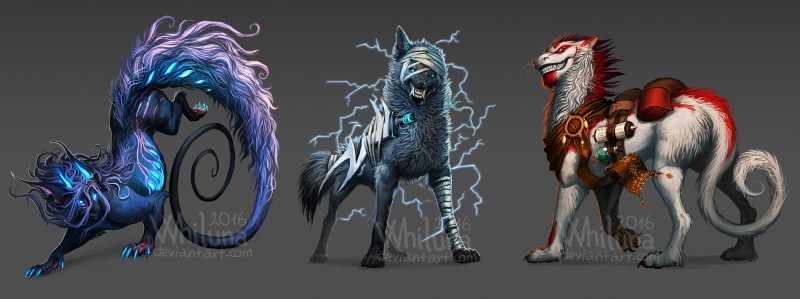 action_pose bandage belt black_body black_fur blue_eyes claws fangs feral fur glowing glowing_eyes grey_body grey_fur hair horn long_hair long_tail magic mane melee_weapon pose potion purple_body purple_fur red_body red_fur scroll sharp_teeth snarling sword tail teeth weapon white_body white_fur whiluna mythology canid canine canis dragon furred_dragon furred_scalie mammal mythological_creature mythological_scalie scalie unknown_species wolf absurd_res hi_res