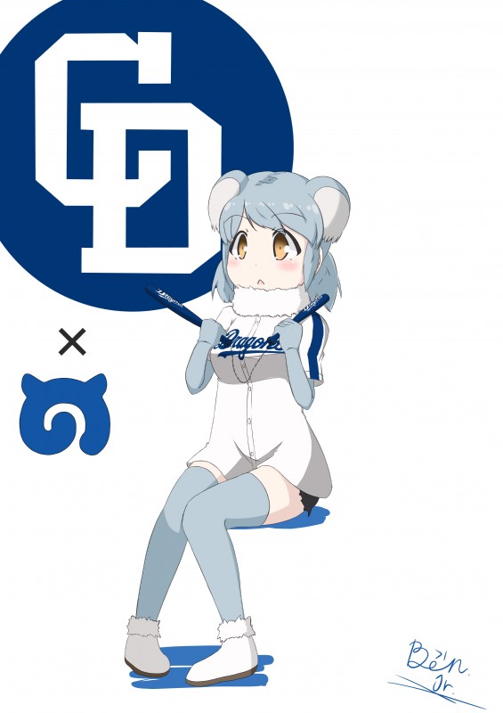 :< absolute_territory adolescent alternate_costume amber_eyes baseball_(sport) baseball_bat baseball_uniform bat_(object) biped blush bottomwear breasts clothing cosplay female footwear frown fur grey_hair hair holding_object human_and_animal_ears japanese knock-kneed legwear light_body light_skin logo medium_breasts multi_ear neck_tuft shadow shoes simple_background sitting skirt solo sport sportswear tan_body tan_skin thigh_highs tuft uniform white_background white_body white_clothing white_fur young ben.jr. chunichi_dragons kemono_friends nippon_professional_baseball koala_(kemono_friends) animal_humanoid humanoid koala koala_humanoid mammal mammal_humanoid marsupial marsupial_humanoid vombatiform vombatiform_humanoid 2017 absurd_res crossover digital_drawing_(artwork) digital_media_(artwork) full-length_portrait hi_res portrait signature