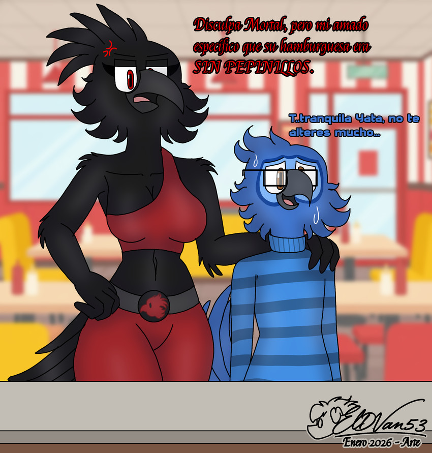 angry anthro black_body black_fur black_wings blue_body blue_fur blue_wings brown_eyes clothed clothing couples duo eyewear female fur glasses male male/female peak red_eyes restaurant ship shy size_difference sweater text topwear vehicle watercraft wearing_glasses wings dvan_arts_(artist) asian_mythology blu_waifu blue_sky_studios east_asian_mythology mythology rio_(series) blu_(rio) fan_character yatagarasu_(dvan_arts) avian bird corvid corvus_(genus) crow macaw mythological_avian mythological_bird mythological_creature neotropical_parrot oscine parrot passerine spix's_macaw three-legged_crow true_parrot absurd_res digital_drawing_(artwork) digital_media_(artwork) hi_res partially_translated translation_request