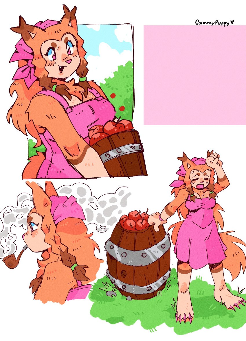 accessory anthro apple barrel biped bodily_fluids braided_hair clothing colored_nails dress fangs female food fruit gloves_(marking) grass green_hair_tie hair hair_accessory hair_tie holding_barrel kerchief leg_markings markings nails orange_body orange_hair pink_background pink_clothing pink_dress pink_eyes pink_nails pink_nose pipe_in_mouth plant rock simple_background sky smoking_pipe socks_(marking) solo sweat sweatdrop teeth text tree white_background cammypuppy mammal species_request handwritten_text hi_res signature