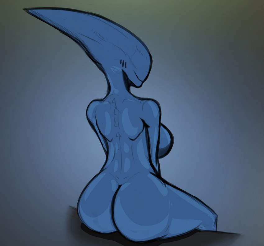 big_breasts big_butt big_head biped blue_body breasts butt eyeless female grey_background monotone_body noseless not_furry nude nude_female nude_humanoid side_boob simple_background sitting sitting_on_ledge smile solo three-quarter_view runawaystride alien_(franchise) deacon alien alien_humanoid humanoid xenomorph 2020 hi_res shaded simple_shading