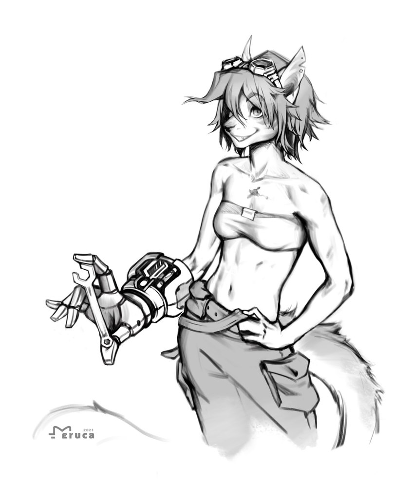 anthro belt biped bottomwear bra breasts clothed clothing eyewear eyewear_on_head female goggles goggles_on_head hair mechanic messy_hair pants short_hair simple_background smile solo tomboy tools underwear white_background wrench eruca taya_(eruca) domestic_cat felid feline felis mammal 2021 black_and_white dated digital_media_(artwork) hi_res monochrome shaded