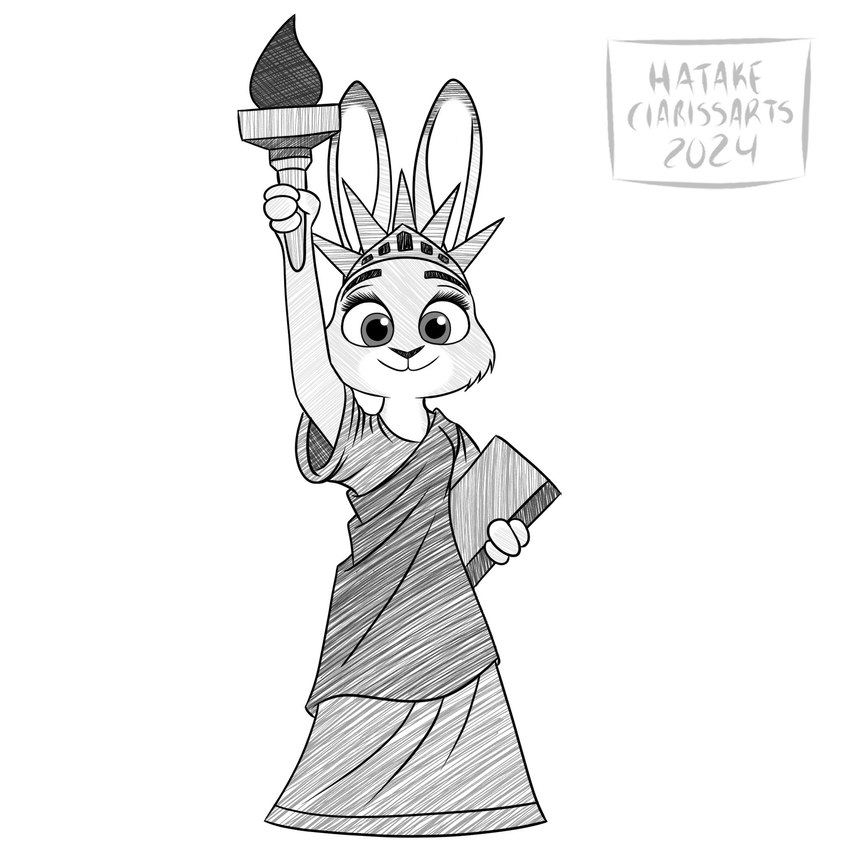 anthro cosplay female holding_object smile solo torch hatakeclarissarts disney zootopia judy_hopps statue_of_liberty lagomorph leporid mammal rabbit 2024 hi_res monochrome