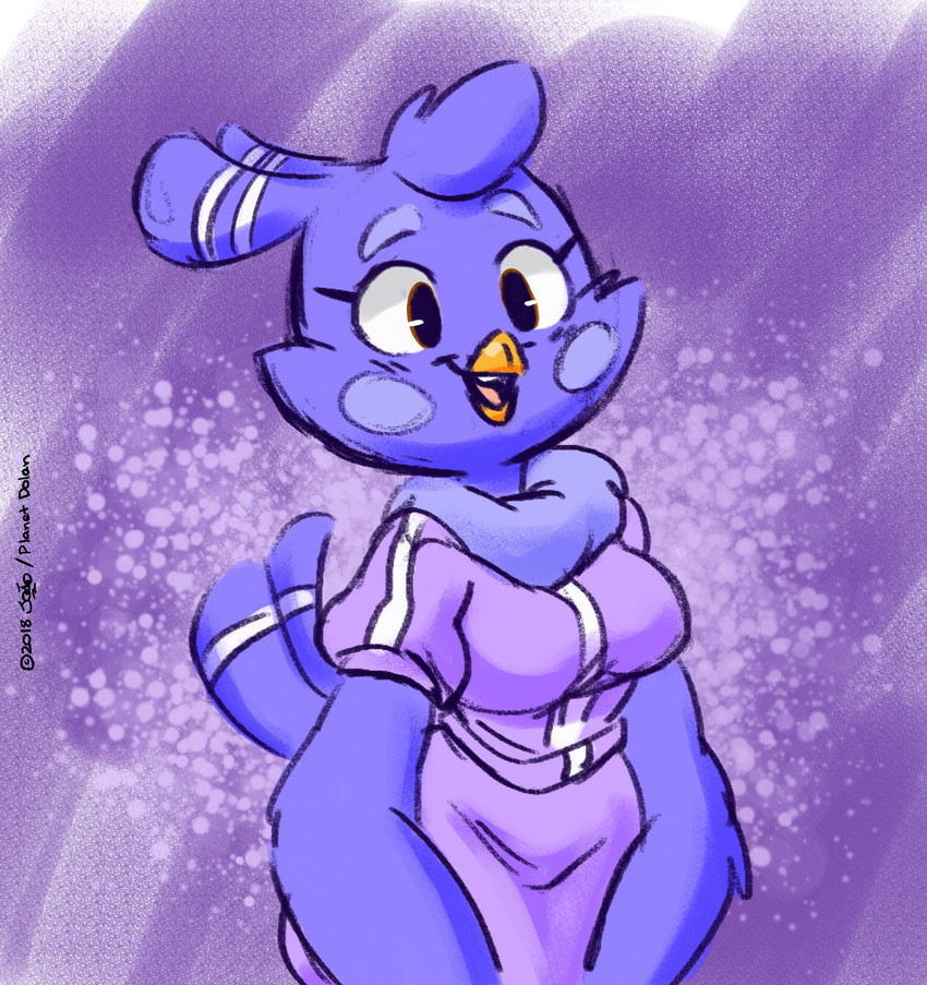 anthro breasts clothed clothing feathers female non-mammal_breasts purple_body purple_feathers smile solo joaoppereiraus super_planet_dolan melissa_morgan avian bird 2018 digital_media_(artwork) hi_res portrait three-quarter_portrait