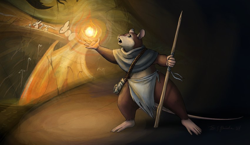 anthro fantasy fire magic male melee_weapon polearm solo spear weapon tekandprieda_(artist) hasbro magic:_the_gathering the_rune_tapper wizards_of_the_coast tek_(tekandprieda) mammal murid murine rat rodent digital_media_(artwork) hi_res