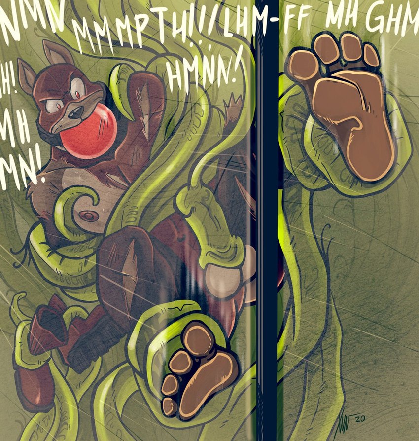 4_toes angry anthro ball_gag barefoot bdsm big_ball_gag clothing countershading feet foot_focus footwear gag hero humanoid_feet humanoid_penis_outline male plantigrade sex shoes solo tentacle_sex tentacles toes impximon safeword_(character) mammal procyonid raccoon hi_res shaded