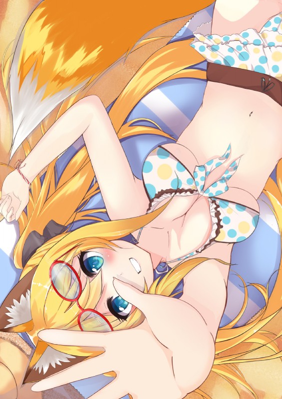 accessory bedding bikini blanket blonde_hair blue_eyes blush breasts cleavage clothed clothing eyewear female foreshortening fox_tail front-tie_top glasses grin hair hair_accessory hair_ribbon long_hair looking_at_viewer navel polka_dot_bikini polka_dots ribbons sand smile solo swimwear two-piece_swimsuit under_boob beniyosweet009 animal_humanoid canid canid_humanoid canine canine_humanoid fox fox_humanoid humanoid mammal mammal_humanoid hi_res