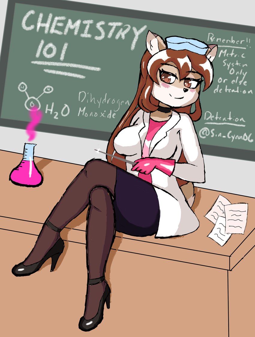 anthro big_breasts biped black_nose breasts brown_eyes brown_hair chalkboard clothed clothing course_number desk eyelashes eyewear female footwear fur furniture hair high_heels holding_object holding_pointer information_board long_hair looking_at_viewer number on_desk on_table pointer shoes simple_background sitting sitting_on_desk sitting_on_table smile solo subject_number table text text_emphasis underline sin_teal doe_(alfa995) deer mammal absurd_res digital_media_(artwork) english_text hi_res