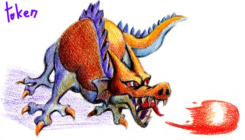 claws fangs feral fire fireball open_mouth red_body red_eyes red_scales scales solo tail teeth tongue tongue_out token201704 dragon_quest mythology square_enix dragon mythological_creature mythological_scalie red_dragon_(dragon_quest) scalie traditional_media_(artwork)