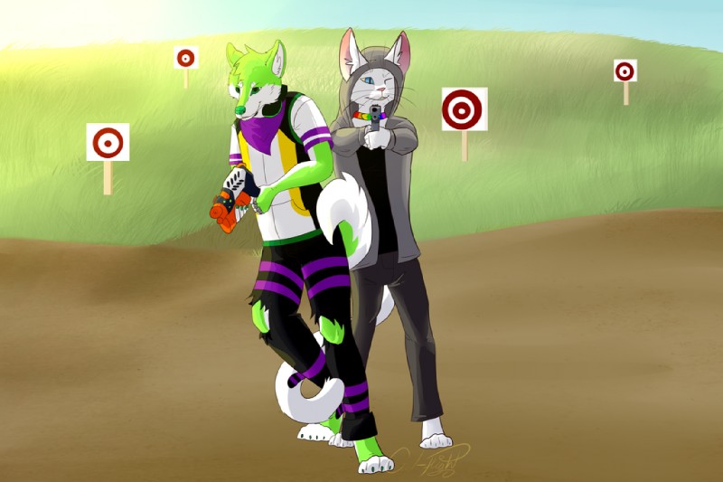 anthro clothing duo female gun hoodie kerchief male nerf purple_clothing ranged_weapon shooting_range topwear weapon kelliker niic vandal akita canid canine canis domestic_cat domestic_dog felid feline felis husky mammal nordic_sled_dog spitz