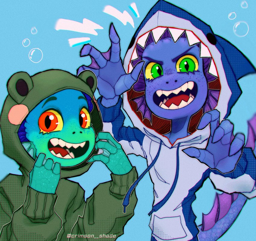 4_fingers blue_background blue_body blue_scales bubble clothing duo eyebrows fingers green_body green_eyes green_scales hoodie male open_mouth open_smile red_eyes scales sharp_teeth simple_background smile teeth tongue topwear young redforestfreako disney luca_(pixar) pixar alberto_scorfano luca_paguro marine sea_monster 2021 digital_media_(artwork) hi_res