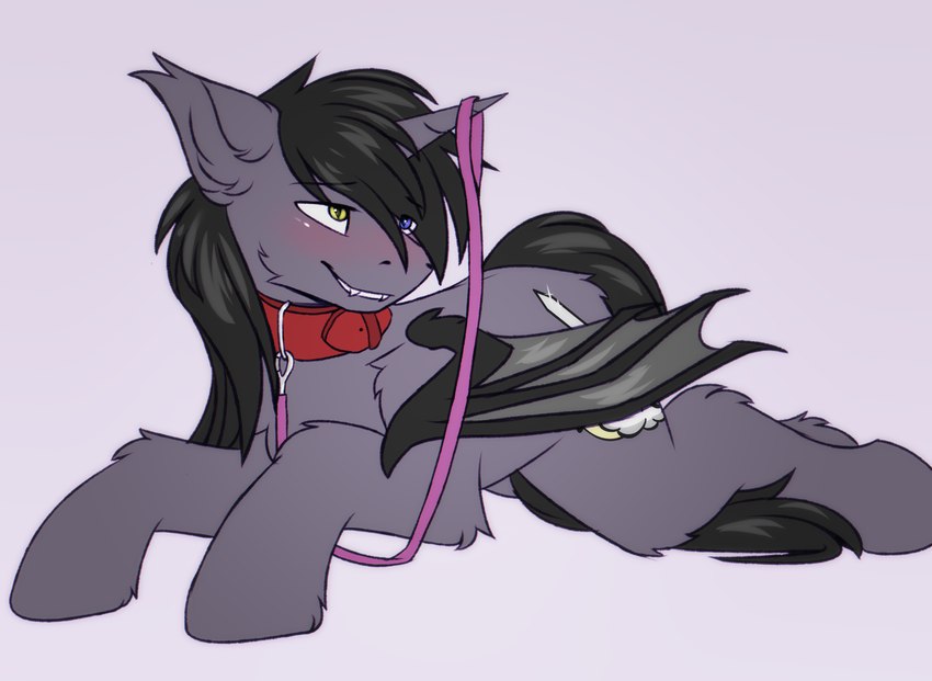 bdsm black_hair blush collar feral fur grey_body grey_fur hair heterochromia horn leash male membrane_(anatomy) membranous_wings petplay pink_leash red_collar roleplay simple_background smile solo submissive wings snowstormbat hasbro my_little_pony mythology fan_character bat_pony equid equine horse mammal mythological_creature mythological_equine winged_unicorn hi_res