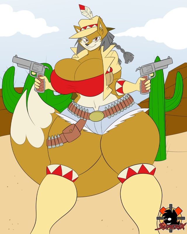 anthro big_breasts breasts cleavage clothed clothing female gun huge_breasts looking_at_viewer ranged_weapon smile solo weapon superix june_coyote canid canine canis coyote mammal 2016 4:5 hi_res