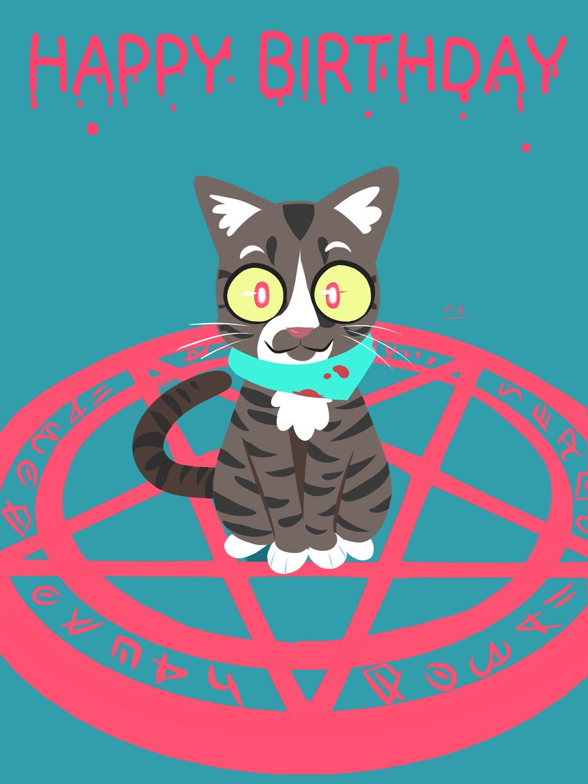 ambiguous_gender blood bodily_fluids feral happy_birthday smile solo summoning_circle text whiskers hydrabb domestic_cat felid feline felis mammal 2022 3:4 absurd_res digital_media_(artwork) english_text hi_res lineless