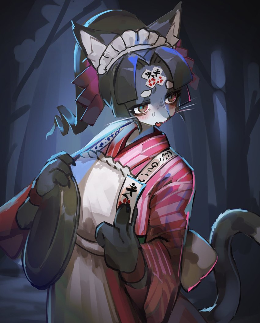 anthro black_hair blush blush_lines claws clothed clothing dipstick_tail eyebrows female fingers hair kemono markings solo tail tail_markings talisman whiskers utterangle ace_attorney capcom jinxie_tenma domestic_cat felid feline felis mammal 2024 hi_res