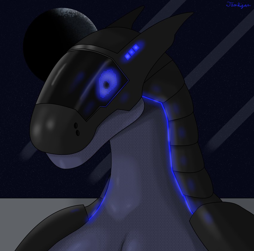 anthro black_body blue_eyes blue_light gender_fluid glowing glowing_eyes glowing_markings grey_body grey_wall led_light looking_at_viewer machine markings planet snout solo space star text visor window tamhigan_(artist) tamy_(tamhigan) humanoid robot robot_anthro synth_(vader-san) english_text hi_res signature story story_in_description