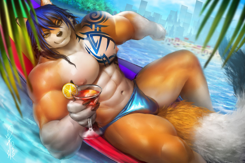 abs anthro areola beach beverage biceps biped black_highlights blue_clothing blue_hair blue_highlights blue_underwear bulge chest_tattoo clothing cocktail_glass container cup drinking_glass fur glass glass_container glass_cup hair hammock highlights_(coloring) holding_beverage holding_object lying male muscular muscular_anthro muscular_male navel nipples orange_body orange_fur outside pecs plant seaside smile solo speedo swimwear tail tattoo tree underwear water yellow_eyes dalluwn alty canid canine fox mammal red_fox true_fox 2019 digital_media_(artwork)