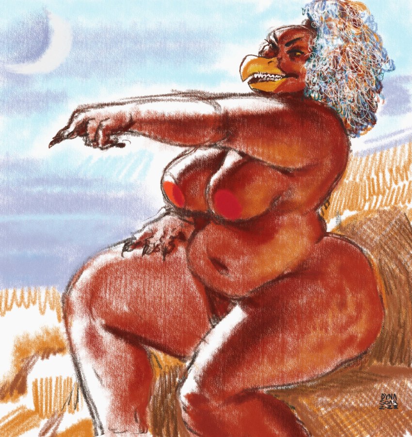 anthro areola beak big_areola big_breasts big_butt breasts butt claws crescent_moon curled_hair curvy_figure digital_pastel_(artwork) eyebrows eyelashes female gesture hair hand_gesture hand_on_leg hand_on_thigh impressionist_background laugh moon nails navel nude outside overweight overweight_female pointing ponytail red_body red_skin rock_formation simple_background sitting solo teeth teeth_showing thick_thighs three-quarter_view toothed_beak topknot wide_hips yellow_beak yellow_eyes dyna_soar big_ass_comics accipitriform avian bird demon vulture vulture_demoness 2023 digital_drawing_(artwork) digital_media_(artwork) guide_lines hi_res signature sketch