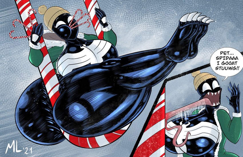 big_breasts bottomless breasts candy candy_cane cheek_bulge claws clothed clothing dessert dialogue eating eating_food emblem female food holidays huge_breasts long_tongue not_furry open_mouth santa_coat sharp_teeth snow solo speech_bubble swinging teeth text toe_claws tongue tongue_out tongue_stuck uhoh winter_hat ameizinglewds christmas marvel she-venom venom_(marvel) alien alien_humanoid humanoid symbiote better_version_at_paywall comic english_text