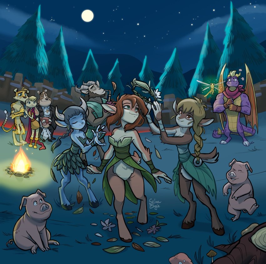 antennae_(anatomy) anthro breasts campfire casual_nudity celebration cleavage clothed clothing dancing detailed_background female flower flower_crown group hooves horn leaf leaf_clothing leaf_dress male membrane_(anatomy) membranous_wings moon night nude outside plant purple_body spots tail trio_focus wings selinaeagle activision european_mythology mythology spyro_reignited_trilogy spyro_the_dragon balloonist_spyro bianca_(spyro) elora hunter_(spyro) krista_(spyro) moneybags_(spyro) sparx spyro arthropod bear bovid cheetah deer domestic_pig dragon dragonfly faun faun_(spyro) felid feline insect lagomorph leporid mammal mythological_creature mythological_scalie rabbit satyr satyress scalie suid suina sus_(pig) ursine western_dragon 2023 digital_media_(artwork) hi_res