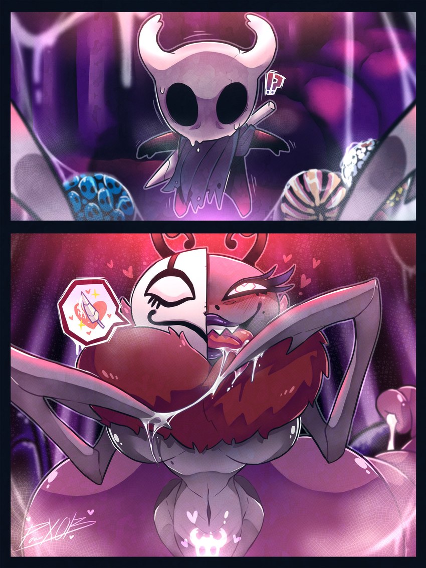 anthro aroused big_breasts blush bodily_fluids breasts dialogue duo female first_person_view genitals heart_eyes heart_symbol male mane mask melee_weapon pussy red_body saliva scared size_difference smile speech_bubble sweat sword tongue tongue_out weapon yellow_eyes yellow_sclera panteon013 hollow_knight team_cherry divine_(hollow_knight) the_knight_(hollow_knight) arthropod humanoid insect vessel_(species) 3:4 absurd_res hi_res