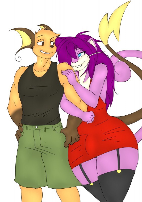 accessory anthro big_butt big_ears bulge butt clothing curvy_figure date dress duo femboy garter garter_belt garter_straps hair happy hug leggings legwear long_hair male male/male romantic romantic_couple short_hair simple_background smile thick_thighs whiskers white_background wide_hips dracojeff nintendo pokemon trenchbound mus_(anonthemouse) raichu_rick generation_1_pokemon mammal pokemon_(species) raichu rattata rodent absurd_res hi_res