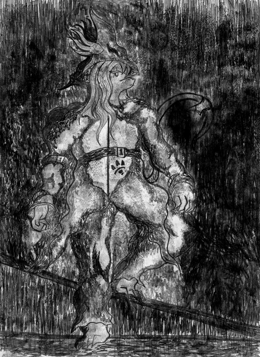 abstract_art anthro armor claws coat_of_arms dragon_knight female hair headgear helmet long_hair raining raised_tail solo tail janet_k_wallace final_fantasy final_fantasy_ix square_enix freya_crescent burmecian mammal murid murine rat rodent absurd_res black_and_white hi_res monochrome traditional_media_(artwork)