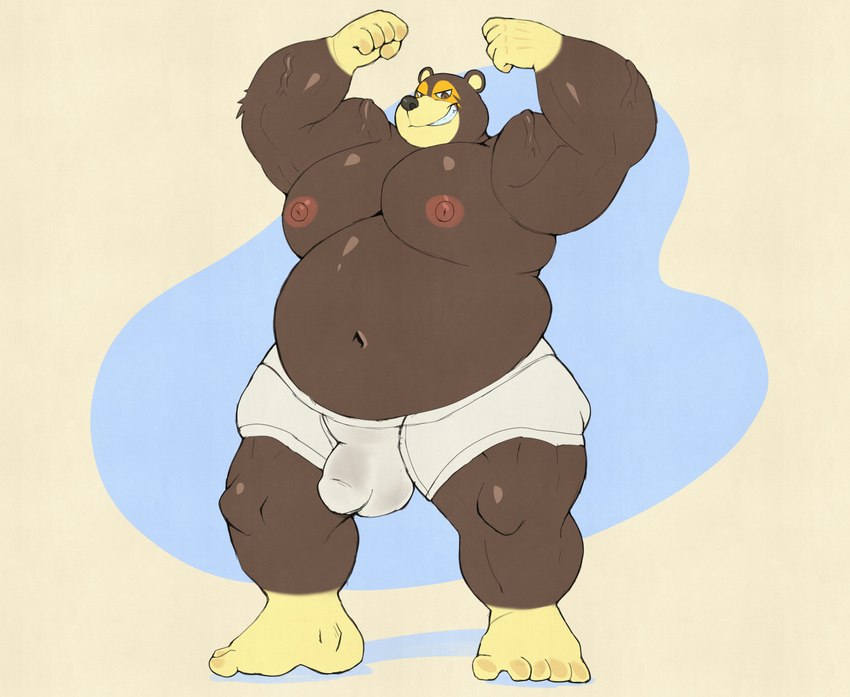 anthro balls_outline belly big_belly brown_body bulge clothing detailed_bulge genital_outline humanoid_hands male moobs navel nipples overweight overweight_male penis_outline solo underwear inushishigami animal_crossing nintendo ike_(animal_crossing) bear mammal 2022 absurd_res hi_res