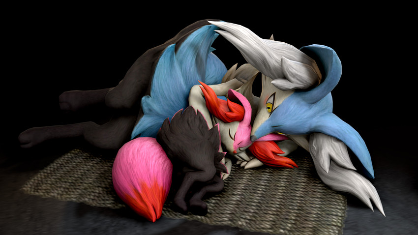 ambiguous_gender anthro black_background black_body black_fur blue_body blue_fur carpet cuddling curled_up digitigrade dipstick_tail duo eyes_closed female fur larger_female lying markings multicolored_body multicolored_fur multicolored_tail on_side pink_body pink_fur red_body red_fur simple_background size_difference sleeping smaller_ambiguous smile tail tail_markings thick_thighs white_body white_fur yellow_eyes kristall_krit nintendo pokemon bluffy bluxen fan_character braixen generation_6_pokemon pokemon_(species) 16:9 2018 3d_(artwork) absurd_res digital_media_(artwork) hi_res source_filmmaker_(artwork) widescreen