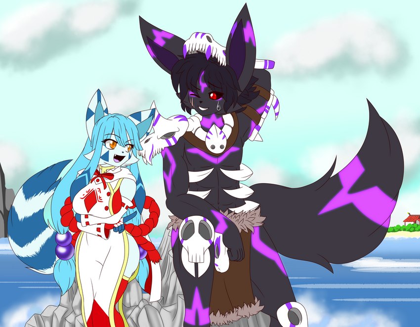 amber_eyes anthro beach black_body black_fur black_hair blue_body blue_fur blue_hair bodily_fluids bottomwear cape clothing duo facial_markings female fur glowing glowing_markings hair head_markings loincloth male markings one_eye_closed ornamental_armor red_eyes rock scar sea seaside shrine_maiden skeletal_armor smile sweat sweatdrop tail tribal tribal_clothing water derthevaporeon nintendo pokemon blake_(derthevaporeon) irene_(derthevaporeon) eeveelution furret generation_2_pokemon generation_4_pokemon glaceon hybrid_pokemon pokemon_(species) umbreon 2023 absurd_res hi_res