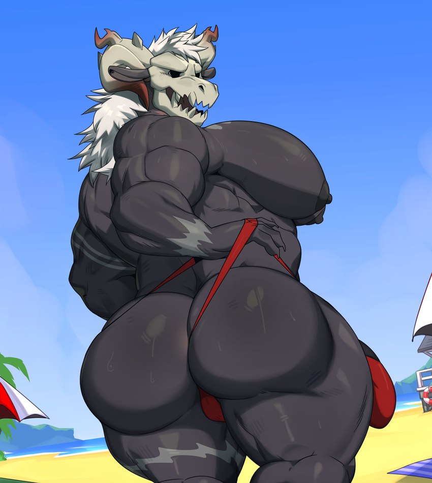 anthro back_muscles beach big_butt black_body bone butt clothing hair horn huge_butt male muscular muscular_anthro muscular_male muscular_thighs pecs skull skull_head solo thong underwear white_hair meejikom wulfdread_(skullhimbo) demon absurd_res hi_res