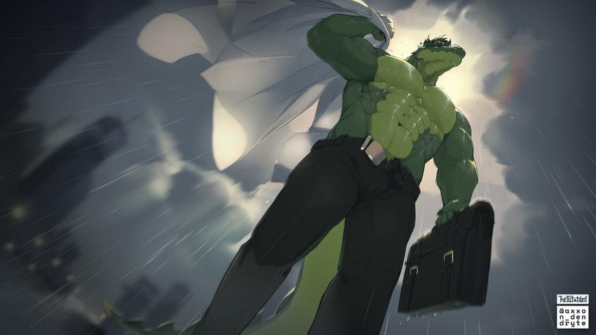 abs anthro belt biped briefcase city clothed clothing cloud glistening glistening_body green_body hair looking_at_viewer low-angle_view male multicolored_body muscular muscular_anthro muscular_male navel pupils raining slit_pupils solo standing topless two_tone_body dendryte_axxon crocodilian reptile scalie 16:9 absurd_res digital_drawing_(artwork) digital_media_(artwork) hi_res signature widescreen