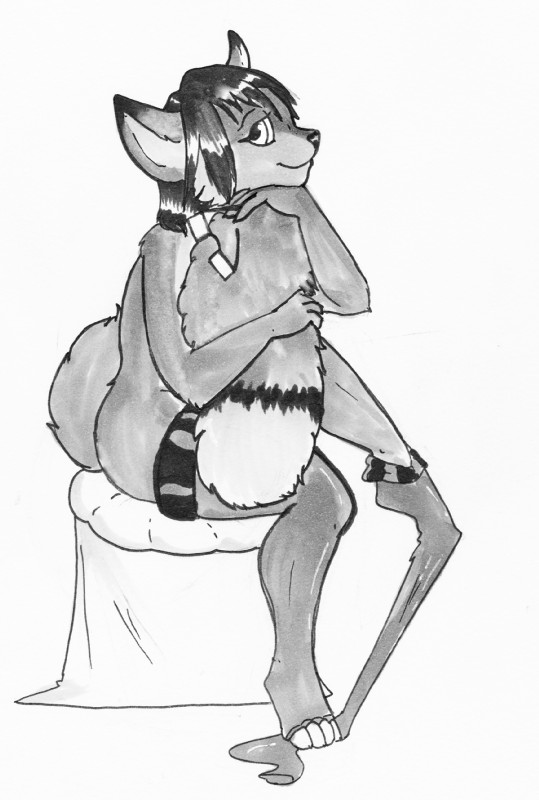 anthro clothing eyewear female fluffy fluffy_tail glasses holding_tail legwear looking_at_viewer mostly_nude pose solo stockings tail tail_hug undressing keeroh canid canine fox mammal hi_res marker_(artwork) monochrome pinup traditional_media_(artwork)