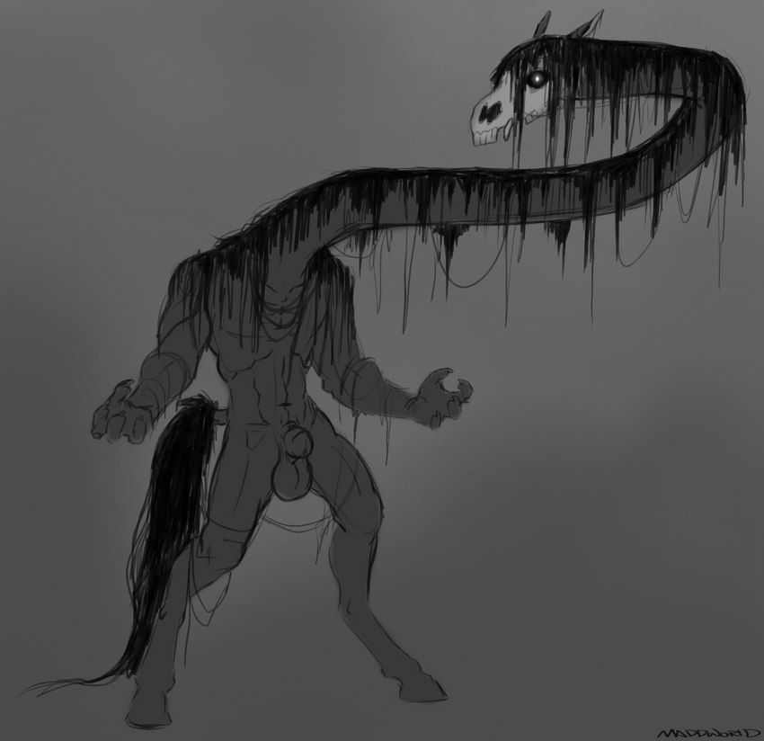 animal_genitalia anthro balls bone genitals hyper_neck long_neck male mane nightmare_fuel sheath skull skull_head solo maddworld trevor_henderson long_horse_(trevor_henderson) equid equine horse mammal monster black_and_white hi_res monochrome