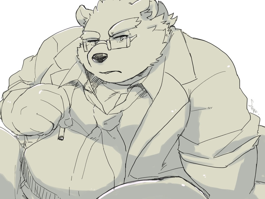 anthro belly clothing eyewear glasses kemono male necktie overweight overweight_anthro overweight_male shirt solo topwear cddi_h lifewonders tokyo_afterschool_summoners leib_(tas) bear mammal polar_bear ursine 2020 4:3 sketch