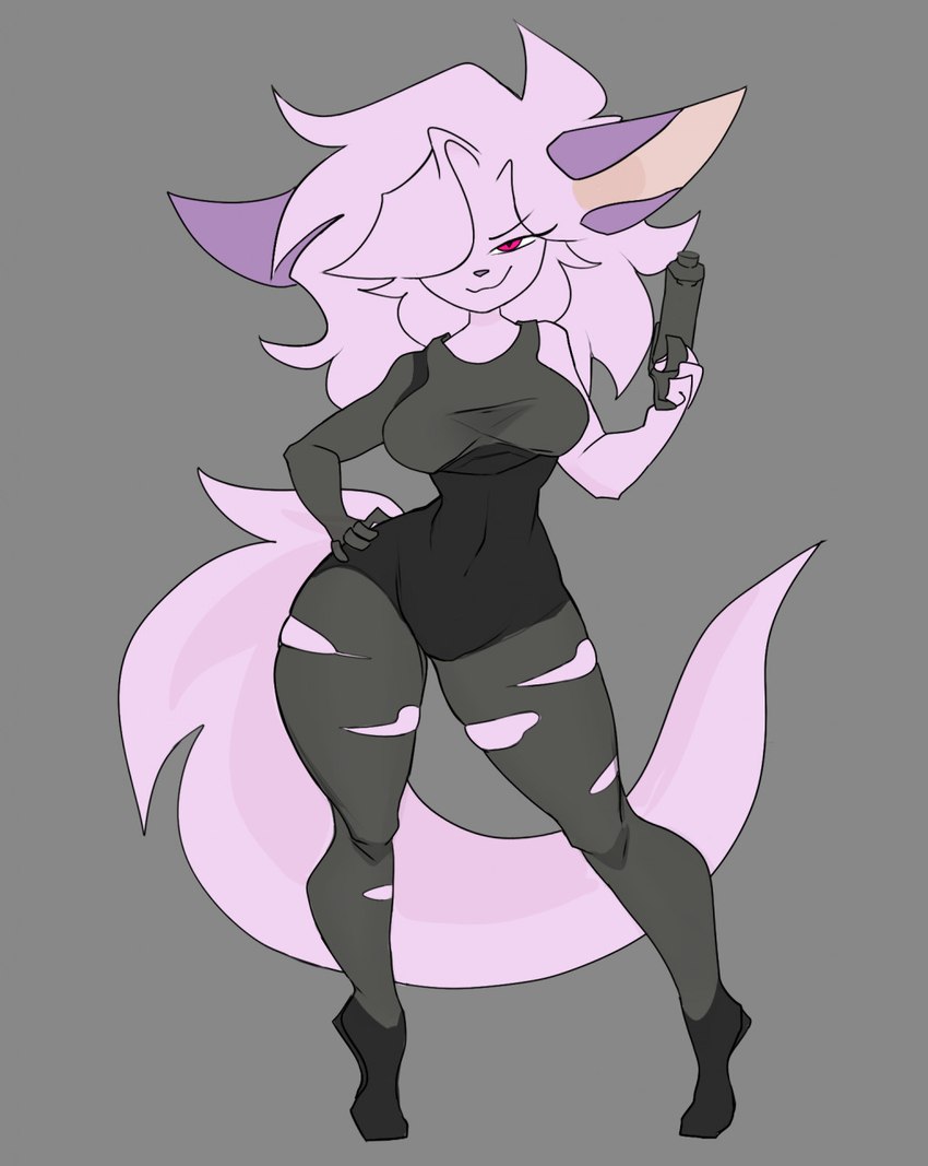 anthro breasts clothing female fur gun hair handgun pink_body pink_fur pink_hair pistol pose ranged_weapon red_eyes smile solo torn_clothing weapon ri_denueth emie mammal unknown_species hi_res